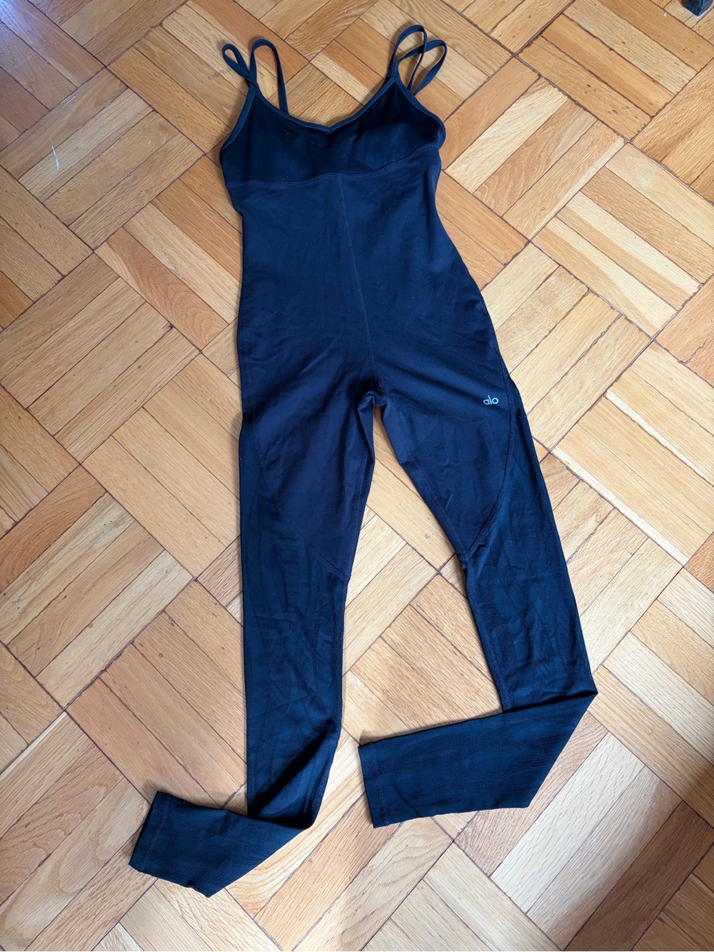 ALO Black Women's Full-Length Active Jumpsuit Bodysuit Built-in Bra. Sz Small